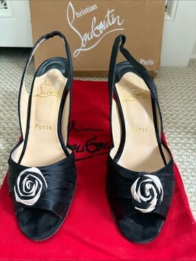 Christian Louboutin Guitoune Flower Black Satin Slingback Peep-Toe Heels Size 39